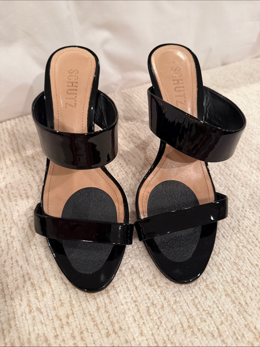 SCHUTZ Black Patent Leather Double-Strap Slide Heels